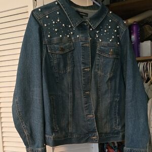 Denim Jacket with Pearl Embellishment - Blue. 3x